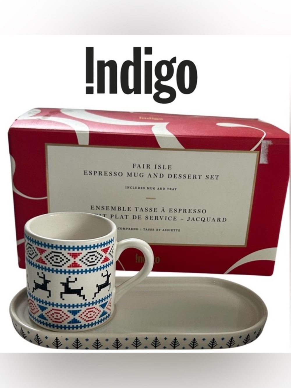 HOLIDAY ESPRESSO MUG & DESSERT TRAY SET NEW CHRISTMAS SERVEWARE REINDEER
